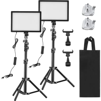 2 Pakketten LED Videolicht Kit 15W LED Lichtpaneel met 1.2M Metalen Lichtstatieven Telefoonhouders