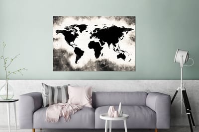 Aluminium schilderij 120x80 cm - Wanddecoratie metaal - Wereldkaart - Zwart - Wit - Hout - Metalen muurdecoratie woonkamer - Decoratie industrieel - Foto op dibond - Industriële accessoires slaapkamer