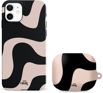 xoxo Wildhearts telefoonhoesje geschikt voor iPhone 11 met AirPods Pro (2) hoesje - set - Ride With Me - Double Layer - Telefoonhoesje met dubbele beschermlaag - Golvend patroon case - Zwart en beige