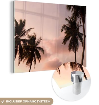 MuchoWow® Glasschilderij 160x120 cm - Schilderij acrylglas - Palmboom - Pastel - Zomer - Foto op glas - Schilderijen