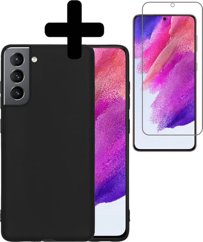 Hoesje - Met Screenprotector - Geschikt voor Samsung Galaxy S21 FE - Sterk & Shockproof - Back Cover - Siliconen Case - Telefoon Hoes - Telefoonhoesjes - Zwart