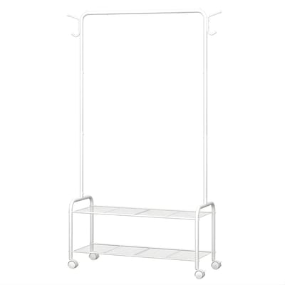 Kledingrek – Voor Slaapkamer & Hal – Kledingrek met 2-Vaks Opbergrek, 3-in-1 Ontwerp, 4 Wielen en 4 Haken – Wit