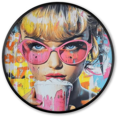 Poster in lijst Rond - Fotolijst 60x60 cm - Posters - Expressief - Milkshake - Vrouw - Felle kleuren - Ronde posterlijst zwart - Decoratie - Wanddecoratie woonkamer - Muurdecoratie slaapkamer