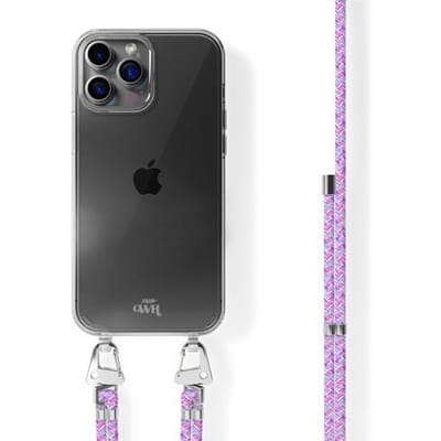 xoxo Wildhearts siliconen hoesje - Geschikt voor iPhone 16 Pro - Purple Fever - Telefoonhoesje - Hoesje met koord - telefoonkoord - Transparant hoesje - In lengte verstelbaar - Paars koord