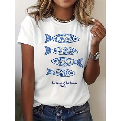 Sardines van Sardinië Vis Italië Grafische Print T-shirt, Korte Mouw Ronde Hals Casual Top voor Zomer & Lente, Dameskleding S wit