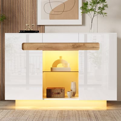 Clruro Dressoir - 120 x 40 x 80 cm - met LED en app-bediening - Wit + naturel