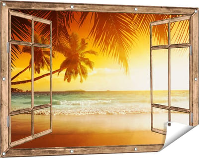 Gards Tuinposter Doorkijk Tropisch Strand tijdens Zonsondergang - 120x80 cm - Tuindoek - Tuindecoratie - Wanddecoratie buiten - Tuinschilderij