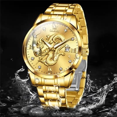 HO-3619.g : Olevs goudkl edelstaal quartz horloge, gouden Draak Tenglong & Feilong, kalenderdag