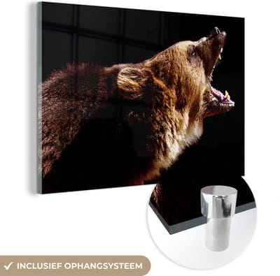 MuchoWow® Glasschilderij 120x80 cm - Schilderij acrylglas - Beer - Wild dier - Tanden - Foto op glas - Schilderijen