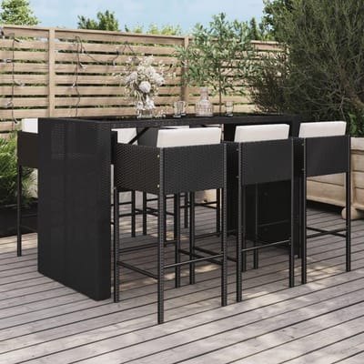Tuinbarset 7-delig met Bartafel en 6 Barkrukken 185x80x110 cm – Luxe Poly Rattan Barset met Kussens en Glazen Tafelblad – Weerbestendig Outdoor Tuinmeubel – Zwart – HomebyNicole