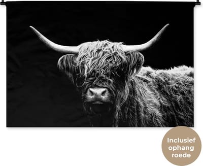 Wandkleed - Wanddoek - Schotse Hooglander - Koe - Zwart - Wit - Dieren - 150x100 cm - Wandtapijt