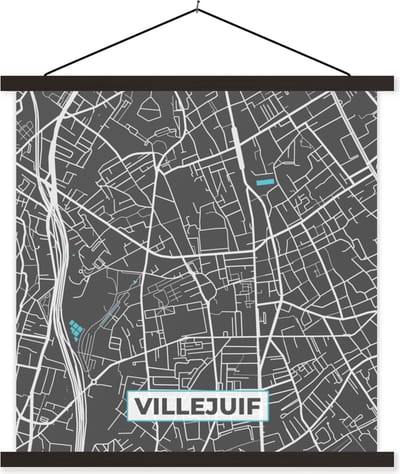 Posterhanger incl. Poster 60x60 cm - Schoolplaat - Kaart – Stadskaart – Villejuif - Plattegrond – Frankrijk - Textielposter - Zwarte latten - Stadskaart
