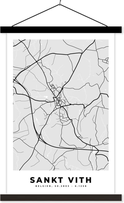Posterhanger incl. Poster 40x60 cm - Schoolplaat - België – Sankt Vith – Stadskaart – Kaart – Zwart Wit – Plattegrond - Textielposter - Zwarte latten - Stadskaart