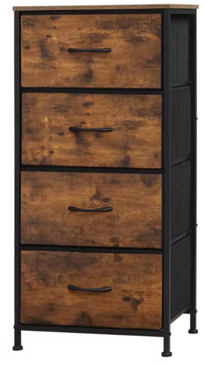 Ladekast Smal - 4 Stoffen Lades - Opbergkast met Houten Top - Metalen Frame - Voor Slaapkamer, Hal of Woonkamer - Vintage Bruin - 45x94,5x30 cm
