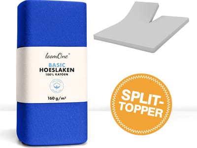 Loom One Hoeslaken Splittopper – 100% Jersey Katoen – 180x200 cm – tot 12cm matrasdikte– 160 g/m² – Koningsblauw