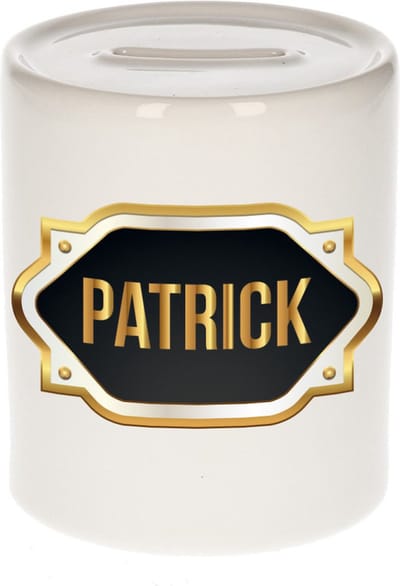 Spaarpot met voornaam Patrick - wit - met goud/zwart embleem - 8 x 9 cm - keramiek - met afsluitdop - cadeau verjaardag