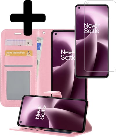 Hoesje - Met Screenprotector - Geschikt voor OnePlus Nord 2T - Luxe Pasjeshouder - Bookcase Portemonee - Flip Case - Kunstleer Book Case - Flipcase - Book Cover - Walletcase - Portemonneehoes - Telefoonhoesjes - Lichtroze