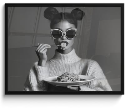 Poster in lijst - Fotolijst 70x50 cm - Posters - Vrouw - Pasta - Zonnebril - Posterlijst zwart - Decoratie - Wanddecoratie woonkamer - Muurdecoratie slaapkamer