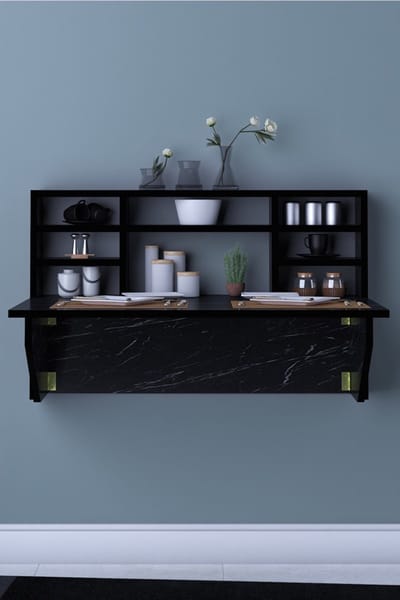 SNS Home - Kardelen Tafel - Draagbare Planktafel - Wandtafel - Inklapbaar - Wandbureau - Inklapbare Wandtafel - Keukentafel - Wandkast - Vouwtafel - Klaptafel - 90x50 cm - Zwart en Marmer