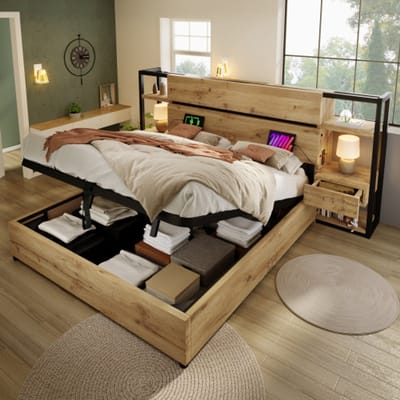 MODFU Tweepersoonsbed met Opbergruimte en Laadstation – 180x200 cm – Industrieel Design – 3 USB & USB-C – Eiken