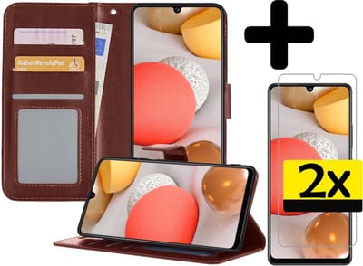 Hoesje - Met 2x Screenprotector - Geschikt voor Samsung Galaxy A42 - Luxe Pasjeshouder - Bookcase Portemonee - Flip Case - Kunstleer Book Case - Flipcase Hoes - Book Cover - Walletcase - Portemonneehoes - Telefoonhoesjes - Bruin