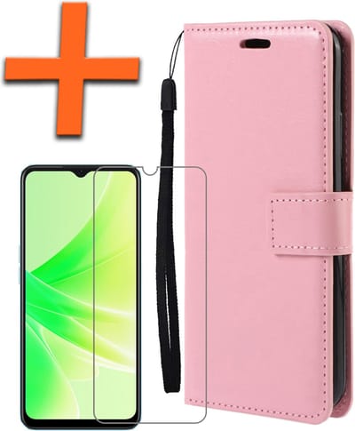 Hoes - Met Screenprotector - Geschikt voor OPPO A17 - Luxe Pasjeshouder - Bookcase Portemonee - Flip Case - Kunstleer Book Case - Flipcase - Book Cover - Walletcase - PortemonneeHoes - Lichtroze