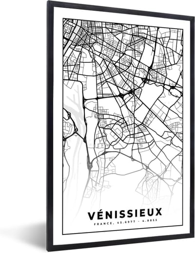 Fotolijst incl. Poster Zwart Wit- Vénissieux - Plattegrond - Kaart - Frankrijk - Stadskaart - Zwart wit - 40x60 cm - Posterlijst