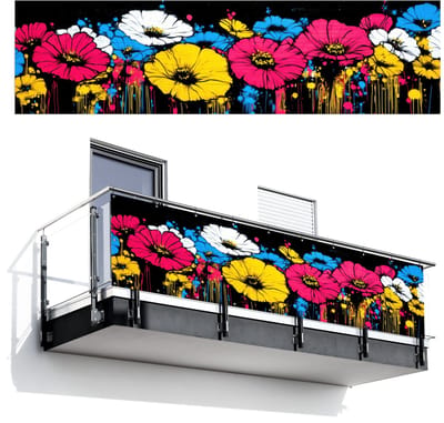 Balkonscherm 300x80 cm - Balkonposter Graffiti - Bloemen - Kleur - Balkon scherm decoratie - Balkonschermen - Balkondoek zonnescherm