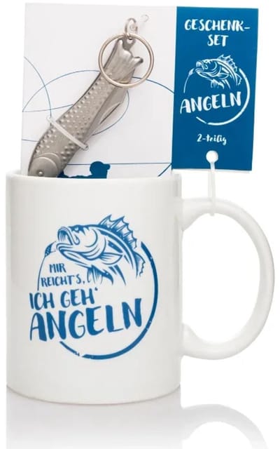 Geschenkset 'Angler' - Stilvolles Keramik-Tassen-Set mit Fischmotiv und Robustem Schlüsselanhänger für Passionierte Angler und Outdoor-Enthusiasten