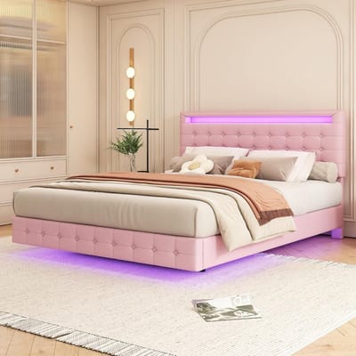 Tweepersoonsbed 140x200 met Verstelbaar Hoofdeinde en LED Verlichting - PU Roze