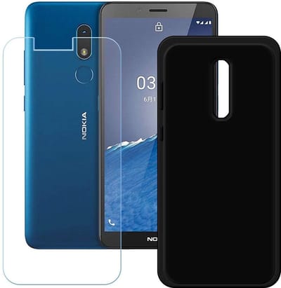 Silicone hoesje zwart met 2 Pack Tempered glas Screen Protector Geschikt voor: Nokia 3.2