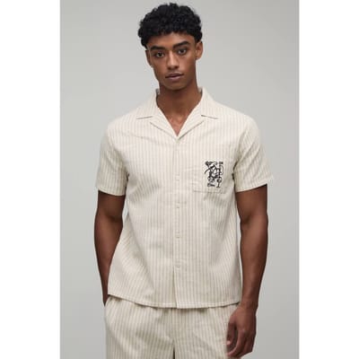 Regular Fit Gestreept Linnen Blend Overhemd Met Geborduurd Borstzakje | Natural | Size XS
