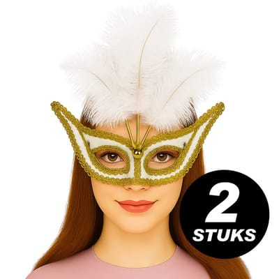 Venetiaans Masker Wit Goud met Witte Veren – Verkleedmasker 2 Stuks – Carnaval & Feestartikelen