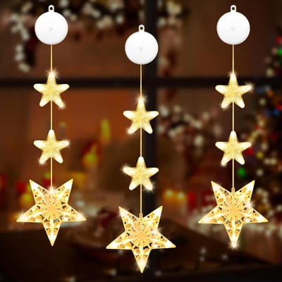 Led-kerstverlichting voor ramen, 3 stuks, led-raamdecoratie, Kerstmis met zuignappen, led-sterren, kerstverlichting voor kerstdecoratie, raam, kamer, balkon, feest, binnen en buiten, warmwit
