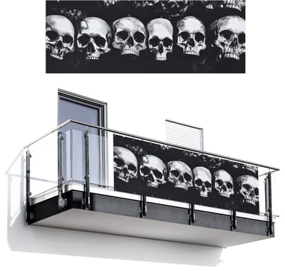 Balkonscherm 300x110 cm - Balkonposter Schedels - Zwart - Contrast - Balkon scherm decoratie - Balkonschermen - Balkondoek zonnescherm