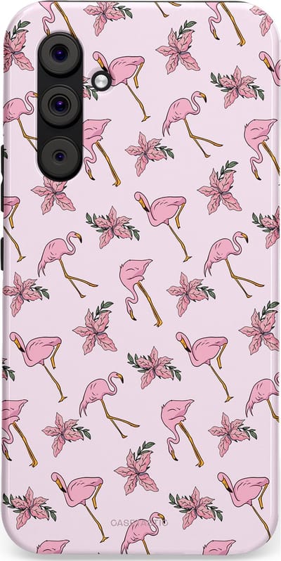 Casetastic hoesje geschikt voor Samsung Galaxy A54 (2023) 5G - Dubbellaagse bescherming - Tropisch Roze Flamigo Bloemen Paradijs - Fashion Case - Lichtgrijs Wit Lichtroze