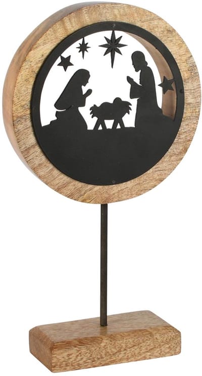 Dekoratief | Kerststal in cirkel op voet, zwart/naturel, hout/metaal, 14x5x25cm | A258418