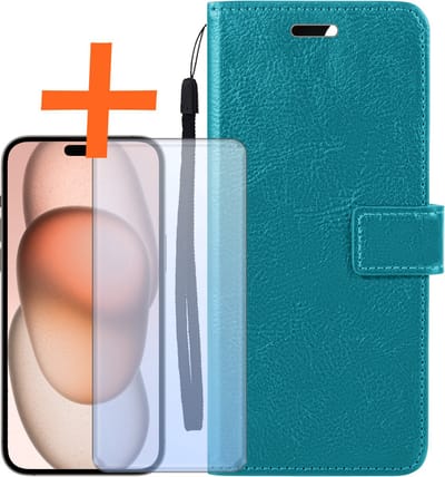 Hoes - Met Screenprotector - Geschikt voor Apple iPhone 15 - Luxe Pasjeshouder - Bookcase Portemonee - Flip Case - Kunstleer Book Case - Flipcase - Book Cover - Walletcase - PortemonneeHoes - Turquoise