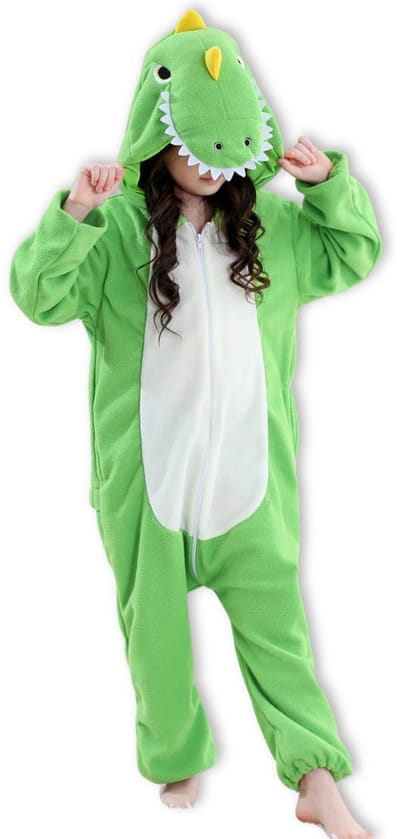 BoefieBoef Dieren Onesie Dinosaurus voor Kinderen 9-12 Jaar – Pyjama Dieren Verkleedpak – Warme Flanel Jumpsuit met Capuchon – Knuffelpak & Huispak – Zwemles – Carnaval, Halloween & Sinterklaas Cadeau – Jongens & Meisjes - Licht Groen