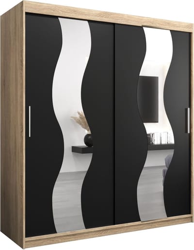 InspireMe - Kledingkast met 2 schuifdeuren, Modern-stijl, Een kledingkast met planken en een spiegel (BxHxD): 180x200x62 - REESE 180 Sonoma Eik + Zwart Mat met 4 lades