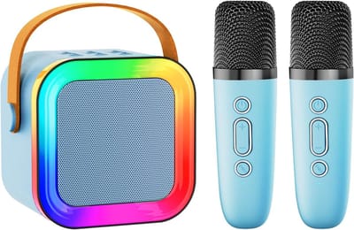 Mini-karaokemachine met luidspreker voor kinderen en volwassenen, draagbaar Bluetooth-apparaat met 1-2 draadloze microfoons, kerst- en verjaardagscadeaus, speelgoed voor meisjes en jongens van 4-12+ jaar en peuters (blauw - 2 microfoons)
