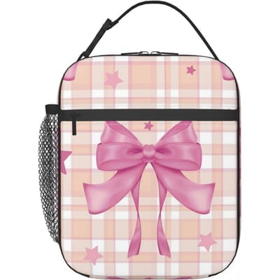 Roze Ruit, Strikken En Sterren Geïsoleerde Lunchtas voor Vrouwen Kinderen Draagbare Voedseldozen Thermische Lunchbox Tote One Size