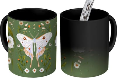 Magische Mok - Foto op Warmte Mokken - Koffiemok - Bloemen - Bladeren - Olijfgroen - Vlinder - Magic Mok - Beker - 350 ML - Theemok
