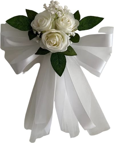 autodeco.nl MIA WIT MET TULE & GIPSKRUID Buitenspiegels Decoratie 2 stuks - Trouwauto Versiering Witte Rozen met Linten & Tule- Bloemen op de Auto Bruiloft - Huwelijk - Bruiloft Decoratie - Versiering Spiegel Auto - Autoversiering voor Volgauto's