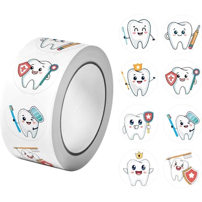 1Roll(500Pcs) Prenez soin de vos dents Autocollants Dental Defender 2,5 cm / 1,0'' 8 Motifs Décalcomanies Bricolage Ornements Cadeaux Emballage Décoration Intérieure white