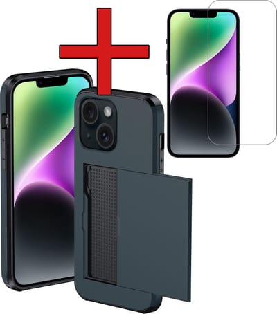 Hoesje Geschikt voor iPhone 14 Hoesje Met Pasjeshouder Hard Case Met Kaarthouder Met Screenprotector - Hoes Geschikt voor iPhone 14 Hoesje Pashouder Case - Donkerblauw