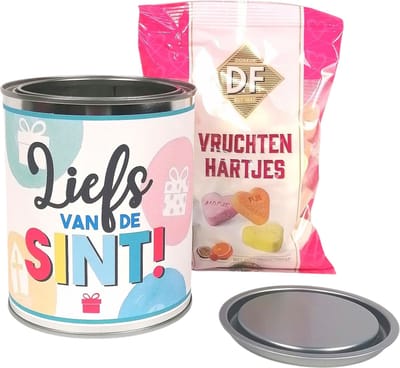 Sinterklaas Cadeaublik "Liefs van de Sint" - Gevuld met Heerlijke Vruchtenhartjes snoepgoed - Leuk als Schoencadeau of Presentje - Sinterklaas snoep geschenk