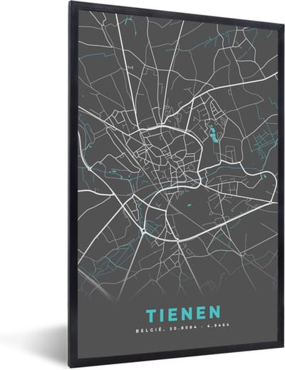 Fotolijst incl. Poster - Stadskaart – Grijs - Kaart – Tienen – België – Plattegrond - 40x60 cm - Posterlijst