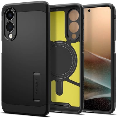 Spigen Tough Armor Hoesje Geschikt voor Samsung Galaxy S25 Edge | Compatibel met MagSafe / Qi2 | Back Cover Militaire Standaard | Kickstand | Zwart