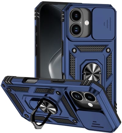 Coverup Hoesje - Geschikt voor iPhone 17 Hoesje - Coverup Armor Ring Kickstand Back Cover met Camera Shield - Blauw